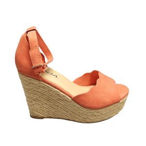 Soda Barely There Wedge Strappy Sandals Womens Size 6.5 Coral Tan Suede Peep Toe